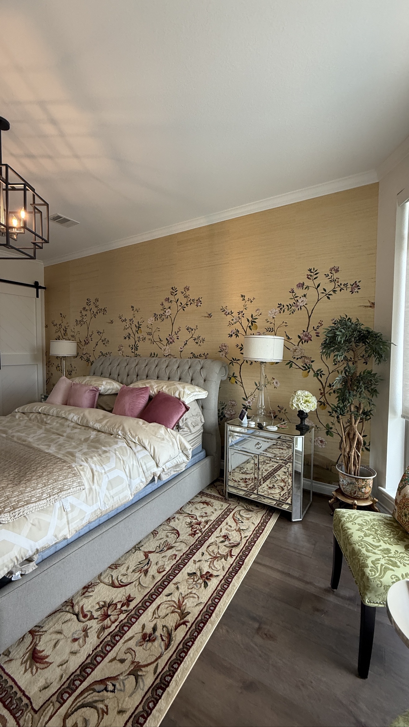 Gold floral mural wallcovering installed in a fully furnished bedroom